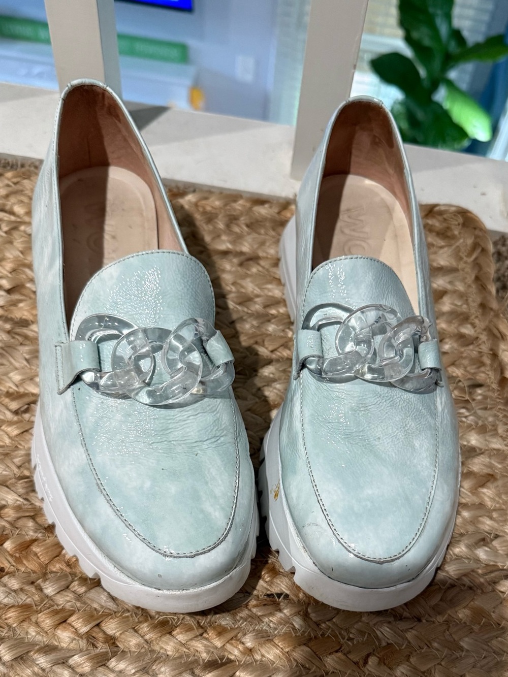 Women's Light Blue & White Slip-On Loafers with Clear Chain Accent